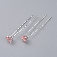 (Defective Closeout Sale), Lady's Hair Accessories, Silver Color Plated Iron Hair Forks, with Glass Rhinestone, Heart, PearlPink, 72.5mm(PHAR-XCP0004-05A)