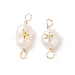 Grade AA Natural Cultured Freshwater Pearl Connector Charms with Golden Tone Alloy Slices, Two Sides Polished, with Copper Wire Double Loops, Starfish Pattern, 20~21x8~9x6~8mm, Hole: 2.5mm(PALLOY-JF01996-01)