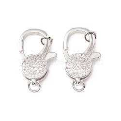 Brass Micro Pave Clear Cubic Zirconia Lobster Claw Clasps, with Jump Rings, Cadmium Free & Lead Free, Long-Lasting Plated, Platinum, 29.5x17.5x7mm, Hole: 4mm(ZIRC-P098-15P)