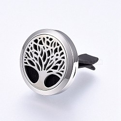 316 Surgical Stainless Steel Car Diffuser Locket Clips, with Perfume Pad and Magnetic Clasps, Flat Round with Tree of Life, Black, 30x7mm(STAS-H461-31P-5)