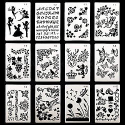 Fairy/Flower/Animal Pattern Eco-Friendly PET Plastic Hollow Painting Silhouette Stencil, DIY Drawing Template Graffiti Stencils, Mixed Shapes, 246x160mm, 12pcs/set(DRAW-PW0008-01)