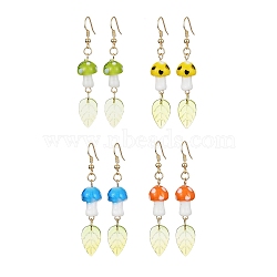 4 Pairs 4 Colors Mushroom Lampwork & Glass Leaf Dangle Earrings, Golden Brass Long Drop Earrings, Mixed Color, 60~62x11.5mm, 1 Pair/color(EJEW-TA00305)