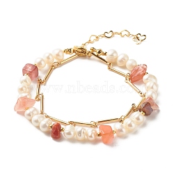 Natural Agate & Pearl Beads Double Layered Bracelet, Reiki Bracelet with Link Chain, Golden, 7-1/8 inch(18cm)(BJEW-TA00025-02)