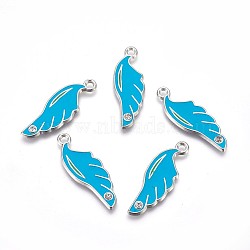 Alloy Enamel Pendants, Cadmium Free & Lead Free, with Rhinestone, Christmas Feather, Platinum, Sky Blue, about 34mm long, 12mm wide, 23mm thick, hole: 1.5mm(EAP065Y-3)