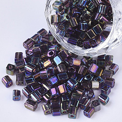 6/0 Glass Seed Beads, Transparent Colours Rainbow, Square Hole, Cube, Purple, 6/0, 3~5x3~4x3~4mm, Hole: 1.2~1.4mm, about 4500pcs/bag(SEED-S027-06B-09)