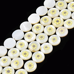 Natural Freshwater Shell Enamel Beads, Flat Round with Flower, Champagne Yellow, 11x3mm, Hole: 0.8mm, about 32pcs/strand, 14.37 inch(36.5cm)(SHEL-N026-194-07)