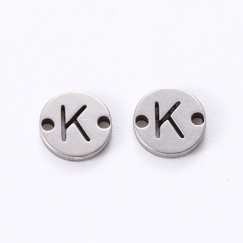 201 Stainless Steel Links, Laser Cut, Flat Round with Letter, Letter.K, 6x6x1mm, Hole: 0.8mm