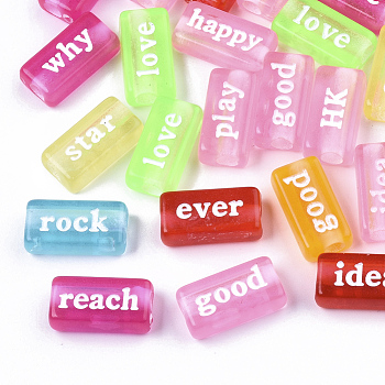 Transparent Acrylic Beads, Spray Painted, Rectangle with Words, Mixed Color, 7.5x15x4.5mm, Hole: 3mm