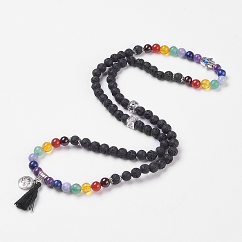 Chakra Jewelry, Nylon Tassel and Alloy Pendant Necklaces, with Mixed Stone and Alloy Findings, Burlap Packing, 29.13 inch(74cm)