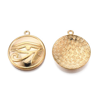Alloy Pendants, Cadmium Free & Lead Free, Flat Round with Eye of Ra/Re, Light Gold, 30x27x3.5mm, Hole: 2mm, about 220pcs/1000g