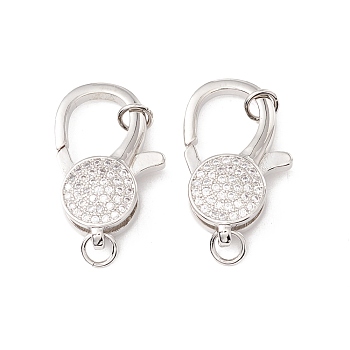 Brass Micro Pave Clear Cubic Zirconia Lobster Claw Clasps, with Jump Rings, Cadmium Free & Lead Free, Long-Lasting Plated, Platinum, 29.5x17.5x7mm, Hole: 4mm