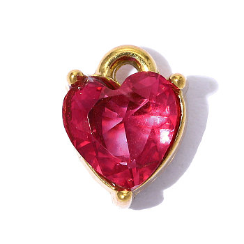 Valentine's Day 304 Stainless Steel Charms, with Cubic Zirconia, Heart Charms, Mirror Polished Finish, Ion Plating(IP), Real 18K Gold Plated, Red, 9x7mm, Hole: 0.8mm