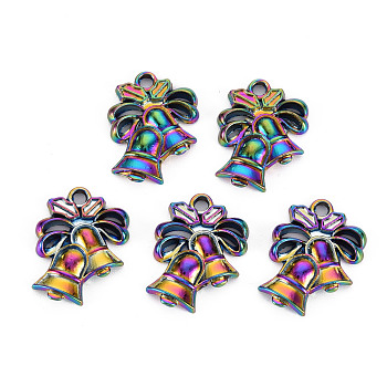 Rainbow Color Alloy Pendants, Cadmium Free & Nickel Free & Lead Free, Christmas Bell, 18x13.5x2mm, Hole: 1.8mm