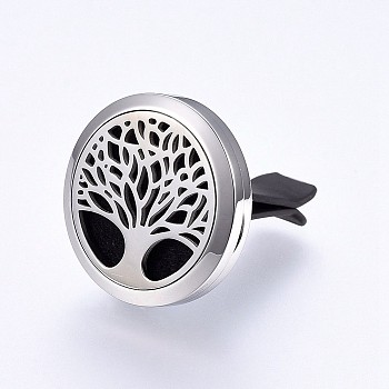 316 Surgical Stainless Steel Car Diffuser Locket Clips, with Perfume Pad and Magnetic Clasps, Flat Round with Tree of Life, Black, 30x7mm