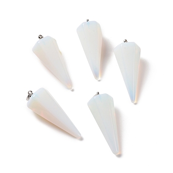 Opalite Pendants, with Platinum Plated Brass Findings, Faceted, Cone, 35~36x13~14x12~12.5mm, Hole: 2.7x6.5mm