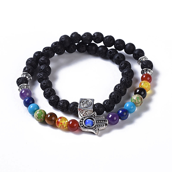 Two Loops Natural Lava Rock & Natural/Synthetic Mixed Stone Beads Warp Stretch Bracelets, with Evil Eye Lampwork Round Beads and Tibetan Style Alloy Beads, 13-3/8 inch(34cm)