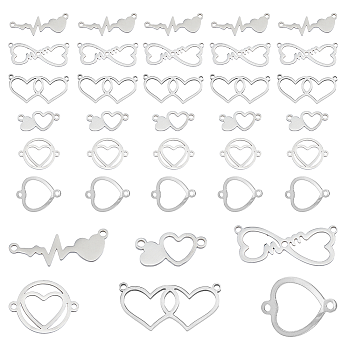 36Pcs 6 Styles 201 Stainless Steel Connector Charms, Heart Links, Stainless Steel Color, 8~20.5x15.5~29x0.9~1mm, Hole: 1.4~1.6mm, 6pcs/style