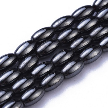 Magnetic Synthetic Hematite Beads Strands, Rice, Black, about 4mm in diameter, 7mm long, hole: about 0.8mm, 16 inch