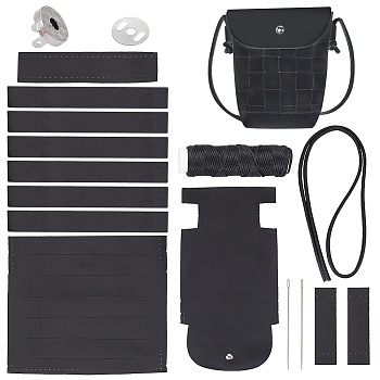 DIY Knitting PU Leather Women's Crossbody Bag Kits, including Bag Fabric, Cotton Cords, Sewing Needles, Magnetic Clasps, Black