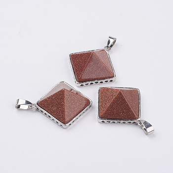 Synthetic Goldstone Pendants, with Brass Finding, Pyramid, Platinum, 28.5x32x13mm, Hole: 3.5x6mm