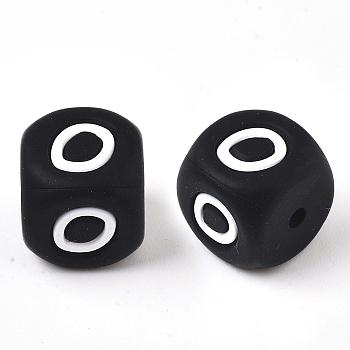 Food Grade Eco-Friendly Silicone Beads, Horizontal Hole, Chewing Beads For Teethers, DIY Nursing Necklaces Making, Cube, Black, Letter.O, 12x12x12mm, Hole: 2mm