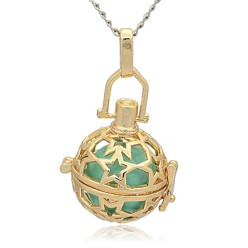 Golden Tone Brass Hollow Round Cage Pendants, with No Hole Spray Painted Brass Round Beads, Medium Turquoise, 35x25x21mm, Hole: 3x8mm