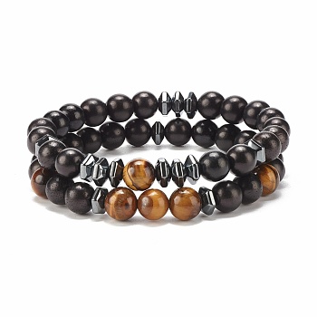 2Pcs 2 Style Natural Wood & Tiger Eye & Synthetic Hematite Stretch Bracelets Set, Yoga Jewelry for Women, Black, Inner Diameter: 2-1/4 inch(5.8cm), 1Pc/style