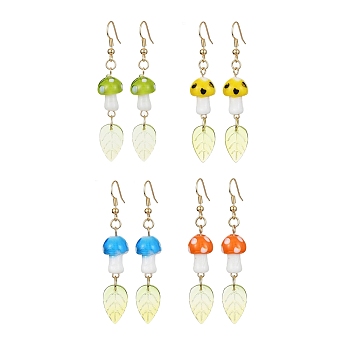 4 Pairs 4 Colors Mushroom Lampwork & Glass Leaf Dangle Earrings, Golden Brass Long Drop Earrings, Mixed Color, 60~62x11.5mm, 1 Pair/color
