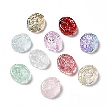 Spray Painted Transparent Glass Beads, Oval with Flower, Mixed Color, 18x15x6.5mm, Hole: 1.6mm