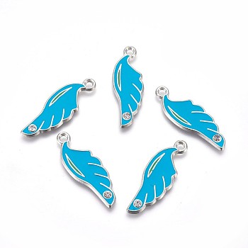 Alloy Enamel Pendants, Cadmium Free & Lead Free, with Rhinestone, Christmas Feather, Platinum, Sky Blue, about 34mm long, 12mm wide, 23mm thick, hole: 1.5mm