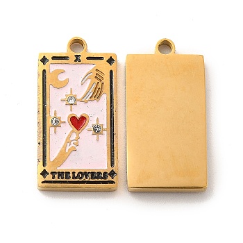 304 Stainless Steel Pendants, with Enamel and Rhinestone, Golden, Rectangle with Tarot Pattern, The Lovers, Pink, 21x10.5x2mm, Hole: 1.5mm