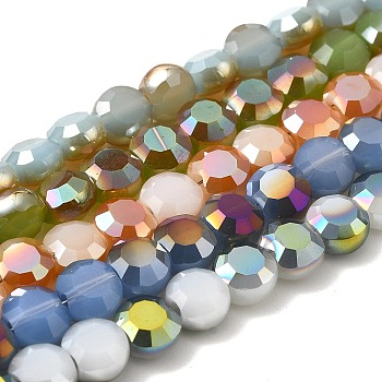 Electroplate Glass Beads Strands, Half Plated, Imitation Jade, Faceted Flat Round, Mixed Color, about 6mm in diameter, 4mmm thick, hole: 1mm