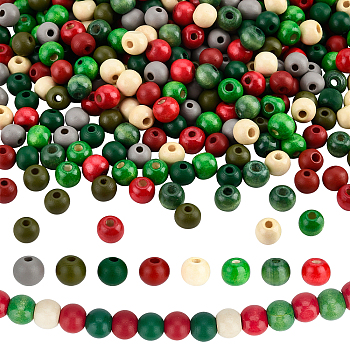 PandaHall Elite 400Pcs 8 Style Painted/Dyed Natural Wood Beads, Round, Mixed Color, 10x8.5~9mm, Hole: 2~3mm, 50pcs/style