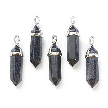 Synthetic Blue Goldstone Pendants, with Platinum Tone Brass Findings, Bullet, 39.5x12x11.5mm, Hole: 4.5x2.8mm