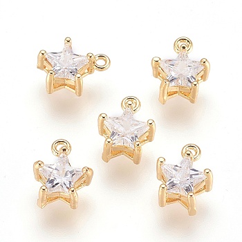 Brass Cubic Zirconia Charms, Nickel Free, Real 18K Gold Plated, Star, 10x7.5x5mm, Hole: 1.5mm