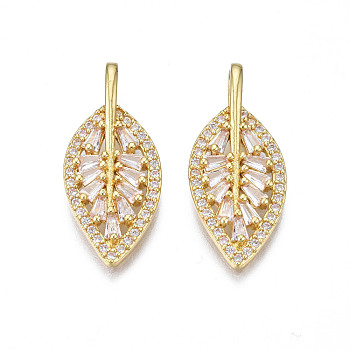 Brass Micro Pave Cubic Zirconia Pendants, Nickel Free, Real 18K Gold Plated, Leaf, Clear, 26.5x11.5x3mm, Hole: 2.5x4.5mm