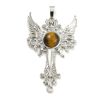 Natural Tiger Eye Big Pendants, Cross with Wing Charms, with Platinum Plated Brass Findings, 52.5x32x7~7.5mm, Hole: 4x8mm & 2mm