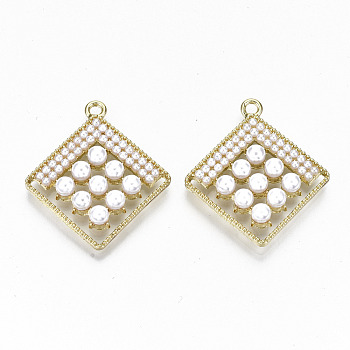 Alloy Pendants, with ABS Plastic Imitation Pearl, Cadmium Free & Lead Free, Rhombus, Light Gold, 31.5x28x5.5mm, Hole: 2mm
