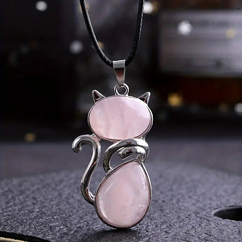 Alloy Pave Natural Rose Quartz Cat Shaped Pendant Necklaces, Imitation Leather Cord Necklaces for Women, Platinum, 17.72 inch(45cm)
