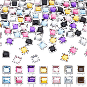105Pcs 7 Colors Brass Rhinestone Claw Beads, Fashion Nailhead Studs, Punk Diamond Spikes Rivets, Square, Mixed Color, 0.9x0.9x0.28cm, 15pcs/color