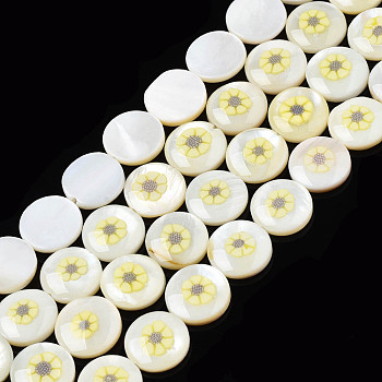 Natural Freshwater Shell Enamel Beads, Flat Round with Flower, Champagne Yellow, 11x3mm, Hole: 0.8mm, about 32pcs/strand, 14.37 inch(36.5cm)