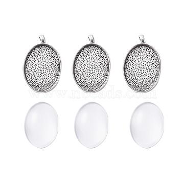 DIY Pendant Making, Tibetan Style Alloy Pendant Cabochon Settings and Transparent Oval Glass Cabochons, Antique Silver, 40x25x6mm, Hole: 4mm(DIY-X0099-01AS)
