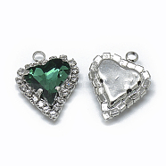 Glass Rhinestone Pendants, with Platinum Tone Brass Findings, Heart, Emerald, 21x16.5x6mm, Hole: 2mm(RGLA-T128-12x13-09P)