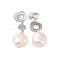 925 Sterling Silver Studs Earring, with Natural Pearl, Rhombus, Platinum, 28~29x11mm(EJEW-H002-33P)