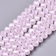 Electroplate Glass Beads Strands, Imitation Jade Beads, Pearl Luster Plated, Faceted, Rondelle, Pink, 10x8mm, Hole: 1mm, about 63~65pcs/strand, 19.2~20 inch(48~50cm)(EGLA-A034-J10mm-A03)