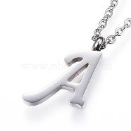 304 Stainless Steel Initial Pendant Necklaces, Letter A, with Cable Chains and Lobster Clasp, Stainless Steel Color, 18.11 inch(46cm)(NJEW-P151-A-P)
