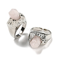 Hexagonal Prism Natural Rose Quartz Open Cuff Rings, Rack Plating Brass Ring for Unisex, Inner Diameter: Adjustable(RJEW-B106-01P-02)