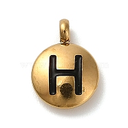 304 Stainless Steel Black Enamel Charms, Golden, Flat Round with Letter Charm, Letter H, 11x8x2.5mm, Hole: 1.8mm(STAS-R009-01G-H)