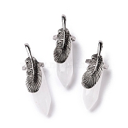 Natural Quartz Crystal Pendants, with Antique Silver Tone Brass Findings, Cadmium Free & Lead Free, Double Terminal Pointed Bullet with Leaf, 44~47x14~15x14~15mm, Hole: 6.2x3.5mm(G-E059-04AS-07)
