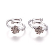 Adjustable Brass Micro Pave Cubic Zirconia Finger Rings, Clover, Clear, Platinum, Size: 6, 16mm(RJEW-L086-03P)